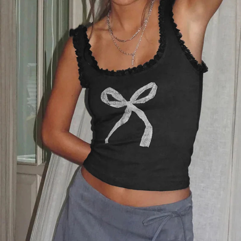 Bow Print sweet Camis Sleeveless Lacework Vests Square Collar Crop Top