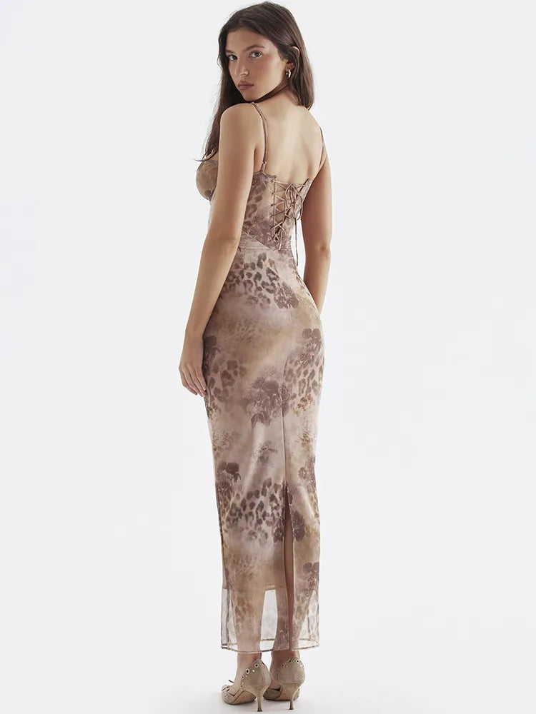 Mesh Floral Print Maxi Dress Spaghetti Strap Sleeveless Lace-up Split Sundress Ladies Long Tank Dress