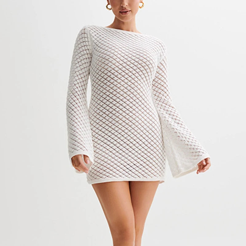 Hollow Knitt Dress Bikini Swimsuit Cover-up Sun Long Sleeve Cover Up Dress