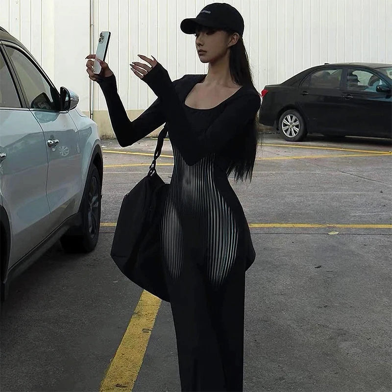 Square Collar Long Sleeve Dress High Waist Abstract Stripe Body Dress Wrap Mermaid Dres