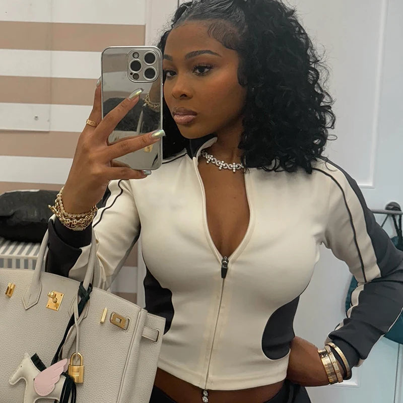 Stand Collar Slim Fitne Thin Crop Top Drawtring Short Two Piece Set Racing Jacket Suit