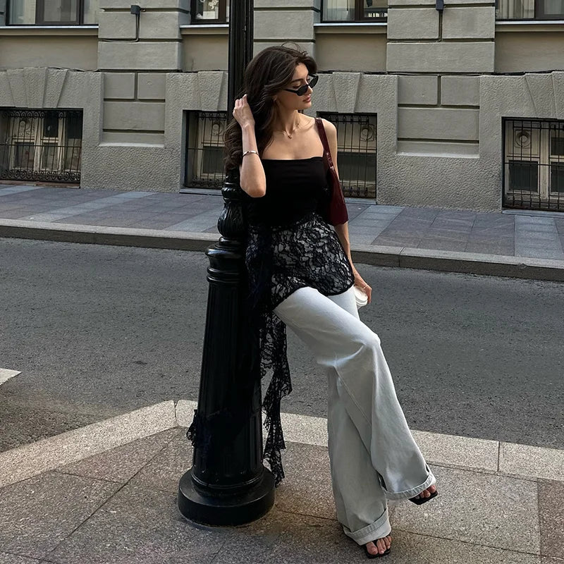 Off Shoulder Lace Ruffle Trim Crop Top Backless Slim Tank Top Camis
