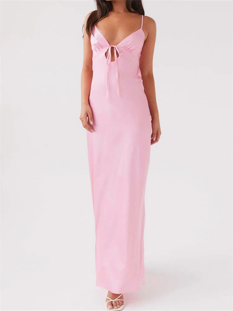 Dress Color Sleeveless Strap V-neck Front Tie-Up Backless Long Dress Slim
