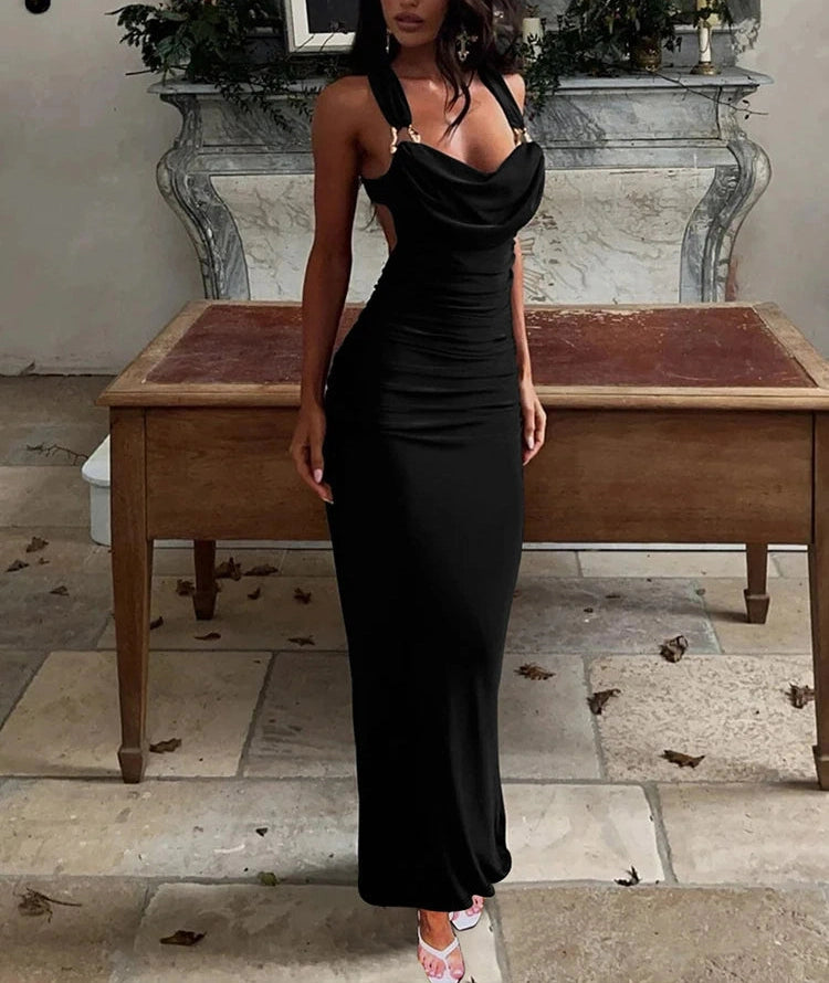 Ruched Dress Metal Buckle Swing collar Sleeveless Backless Long Bodycon