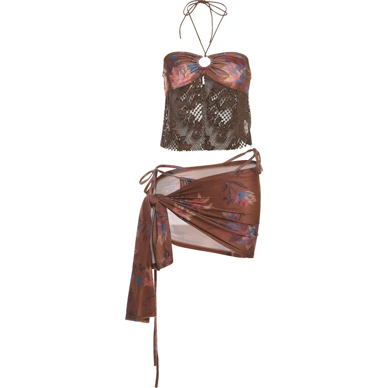 Brown Knit Halter Patchwork Three Piece Set