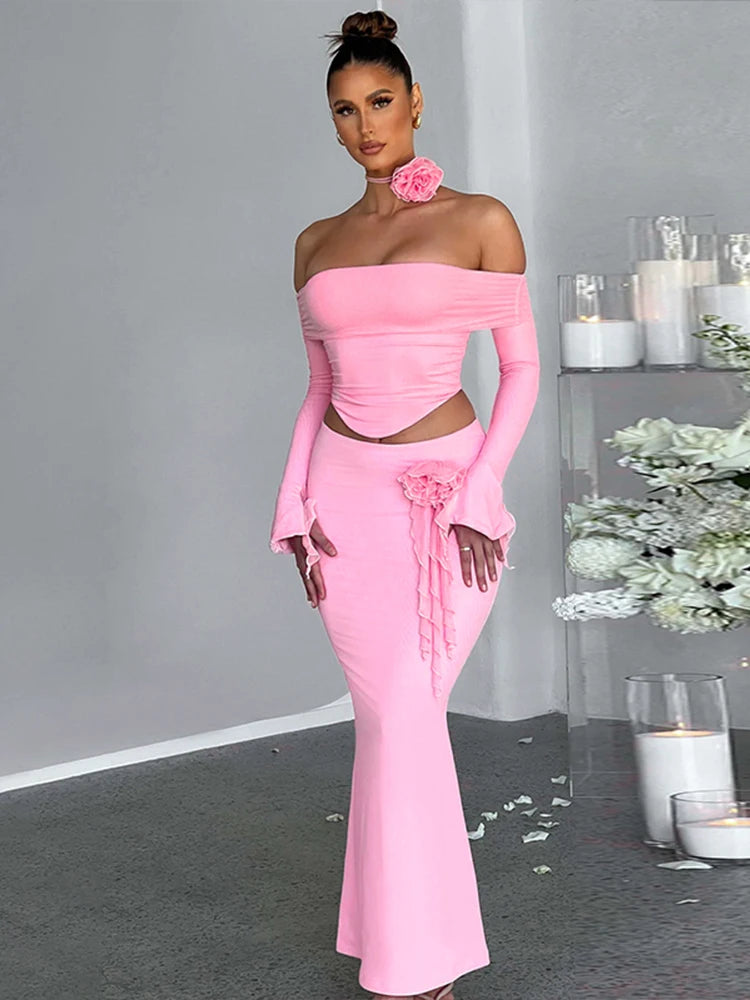 3D Flower Off Shoulder Crop Top Maxi Skirt Set