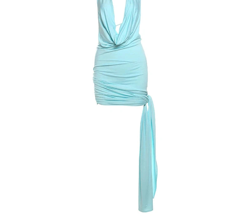 Side Split Dress Multilayer Knot Ribbon Halter Swing Collar Backless Sleeveless Two Ways Bodycon