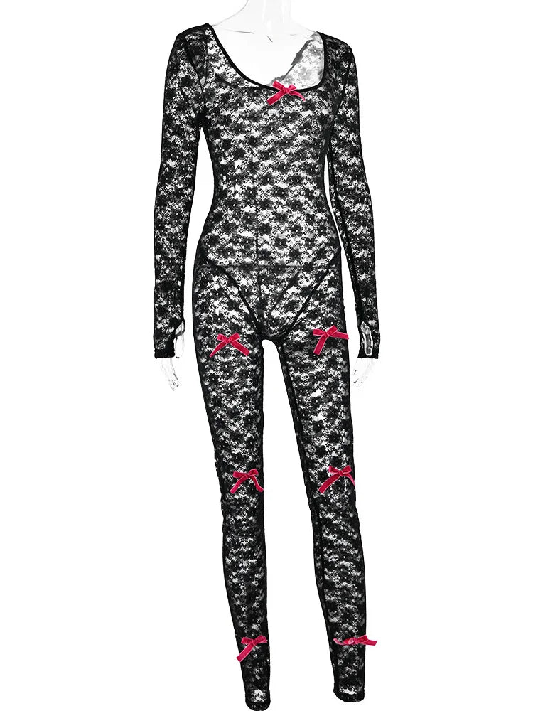 Lace Transparent Thin Solid Jumpsuit Long Sleeve Slim Fit Sheer Night Street Jumpsuit