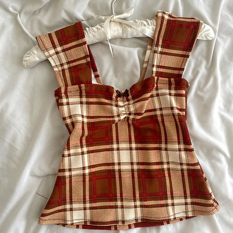 Cottage Bow Trim Milkmaid Crop Top Plaid/Stripes Square Neck Tank Tops Backless Slim Fit Shirts Vest