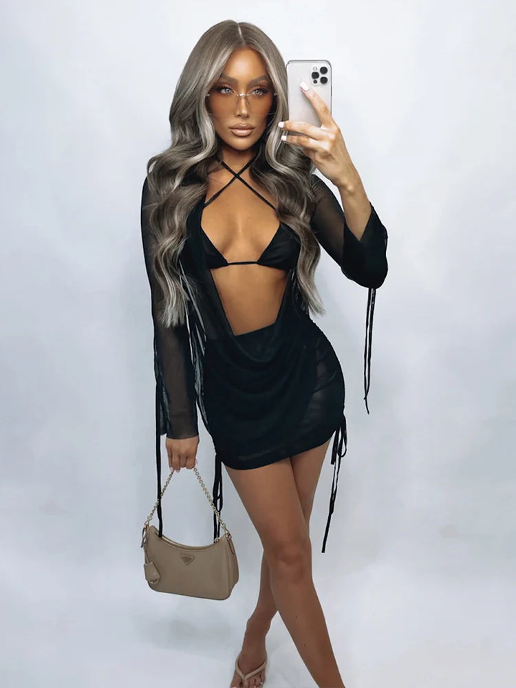 Shirring 3 Piece Set See Through Irregular Top Solid Halter Bra Ruched Skirt Suit
