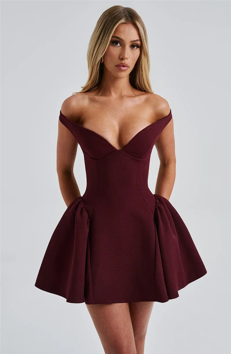 Off-shoulder Backless Mini Dress Wine Red Sleeveless Strapless High Waist A-line Dress
