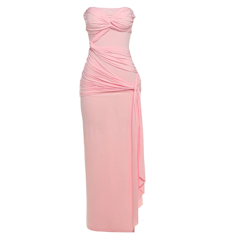 Backless Dress Ruched Chest Wrap Cross Bandage Sleeveless Tassel Street Slits Long Bodycon