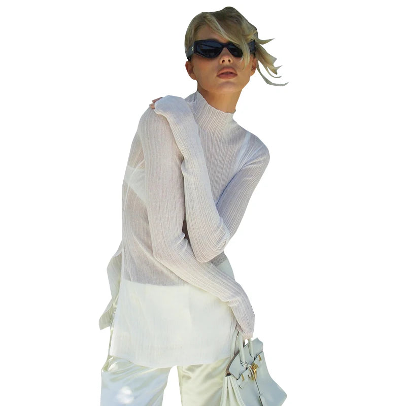 See Through Neck Pullover T-Shirt Long Sleeve Split Ribb Knit Top Side Slit