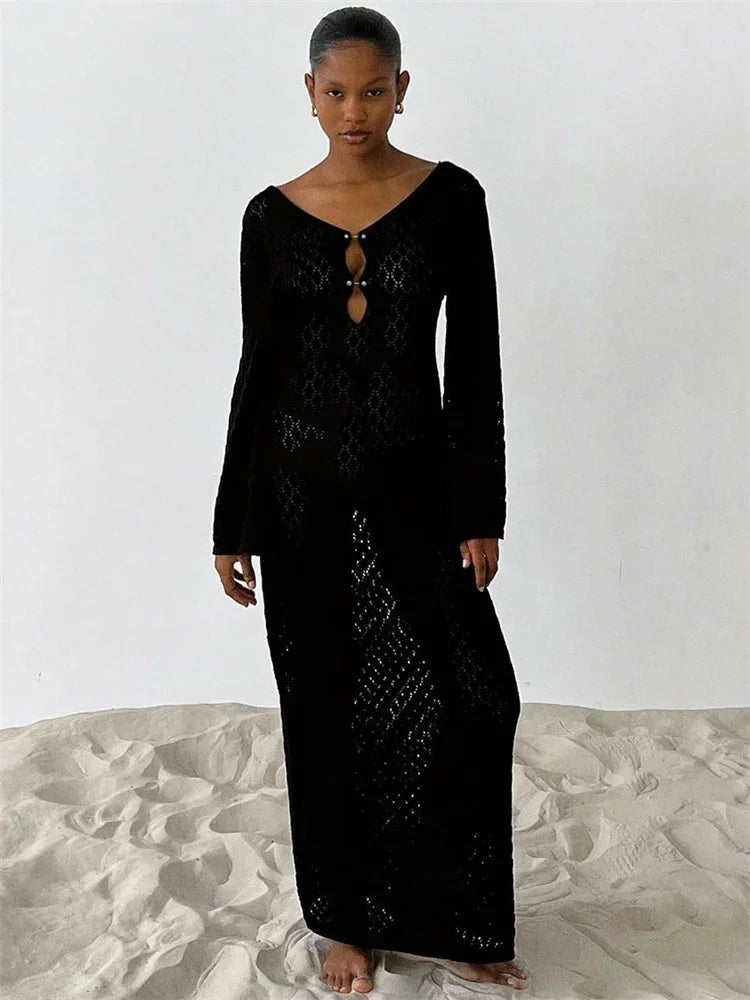 Knit See Through Backless Maxi Dress