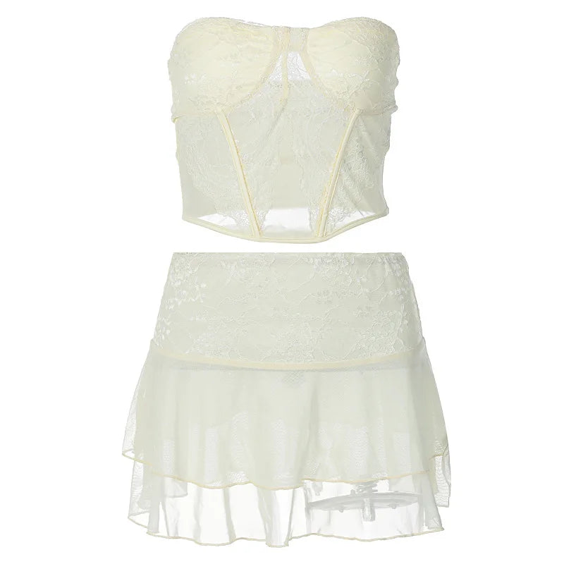 Lace Skirt Sets Tube Corset Crop Top Ruffle Mini Skirt Suits Matching Co Ords Set