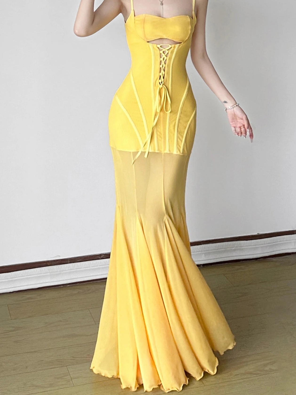 Hollow Out Trumpet Dress See Through Slim Slash Neck Sleeveless Maxi