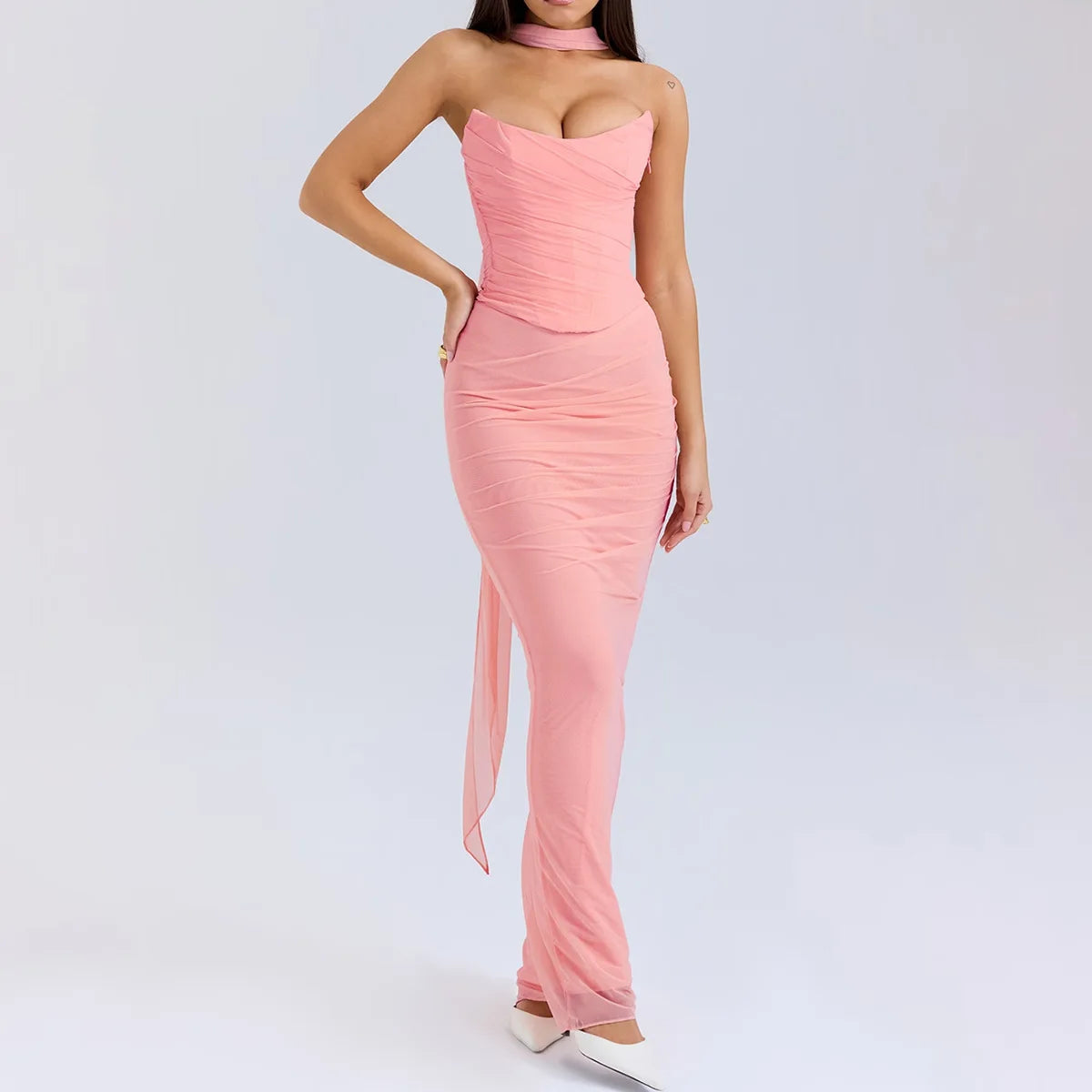 2 Pieces Dress Set with Scarf Matching Sets Cropped Top and Long Dress Set Casual Dress