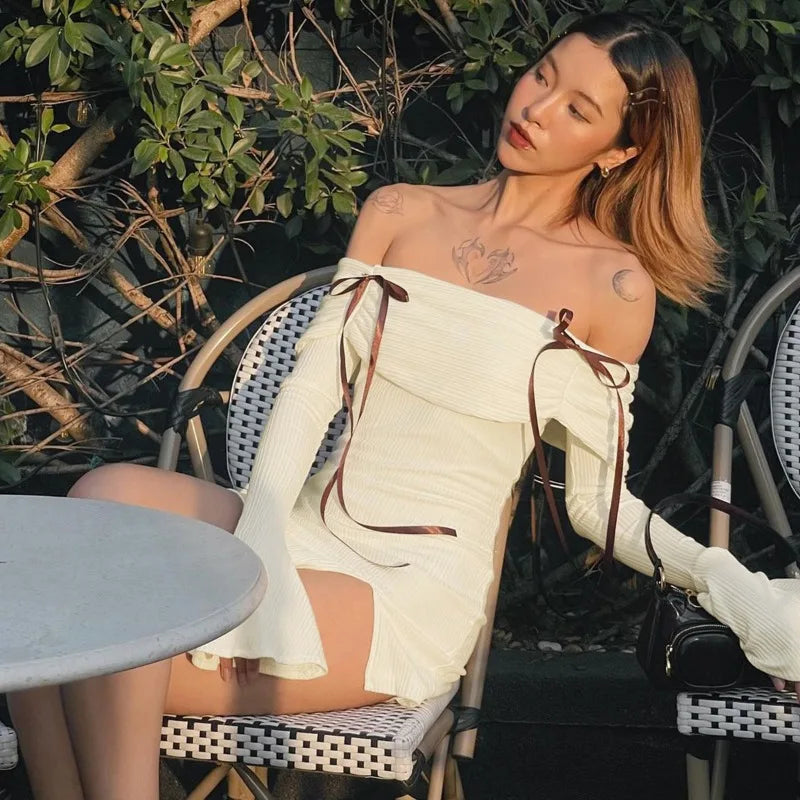 Flare Long Sleeve Lace Split Mini Dress