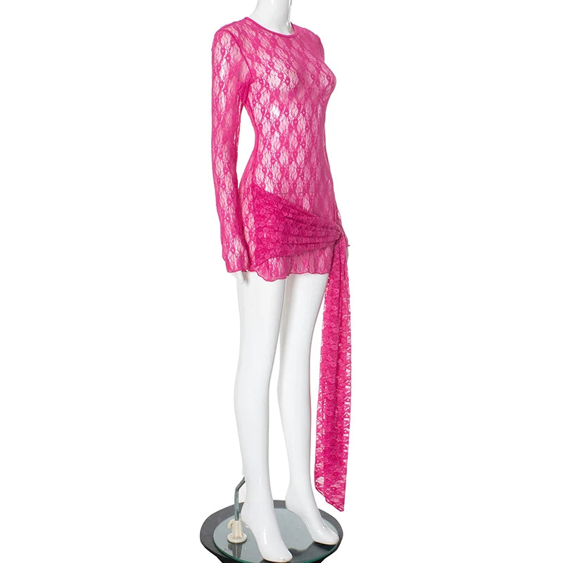 O Neck Long Sleeve Sheer Lace Dress Short Slim-Fit Wrap Dress See Thoough