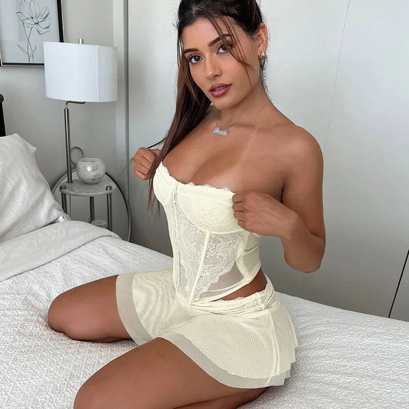 Lace Skirt Sets Tube Corset Crop Top Ruffle Mini Skirt Suits Matching Co Ords Set