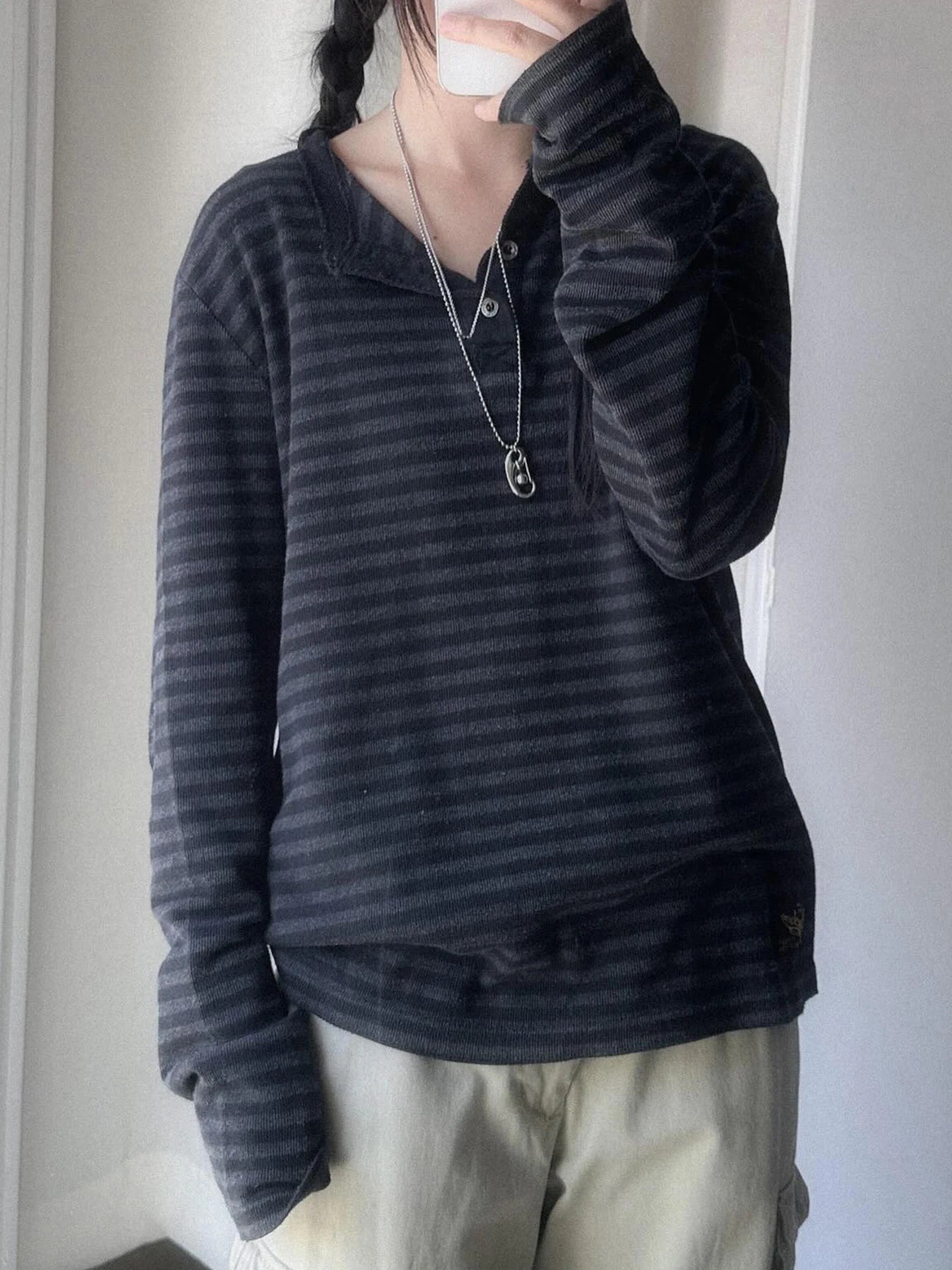 Striped Print Loose Tee Shirts Long Sleeves Botton Top