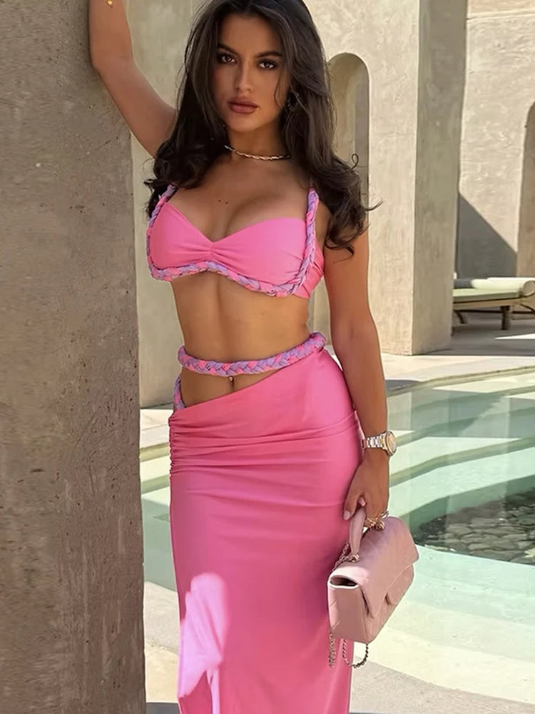 Stunning Woven Strap Splice 2 Piece Set Low Neck Mini Cami Split Slah Wait Maxi Skirt