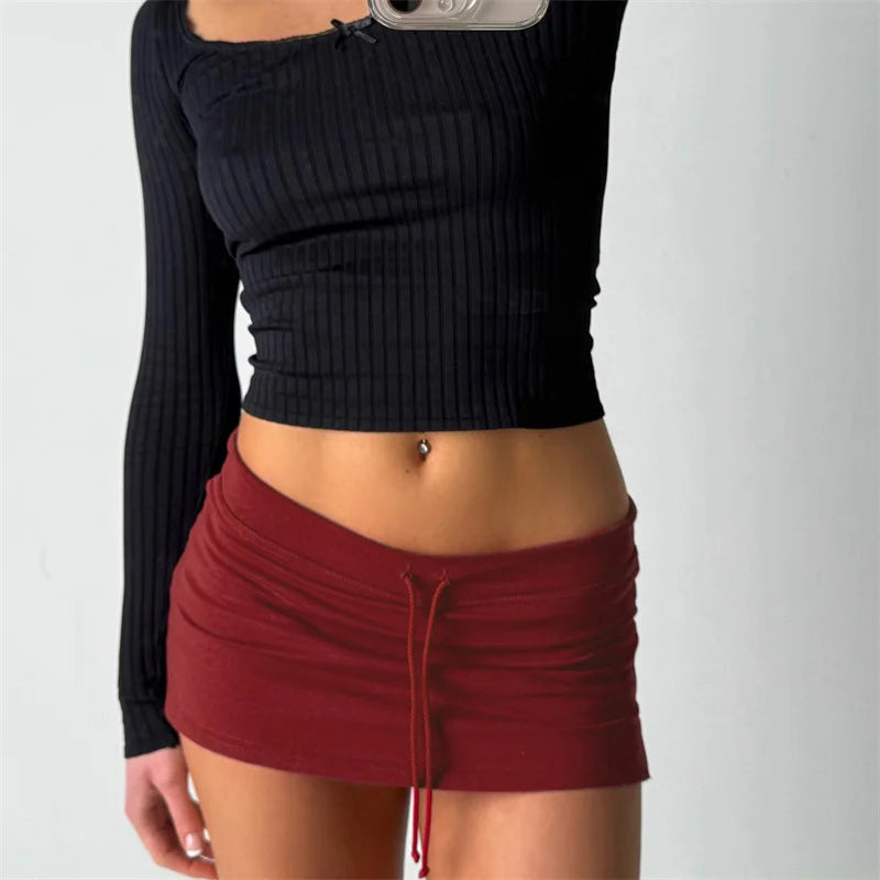 Lace-up Mini Skirts American Retro Short Bottoms A-Line Knit ing