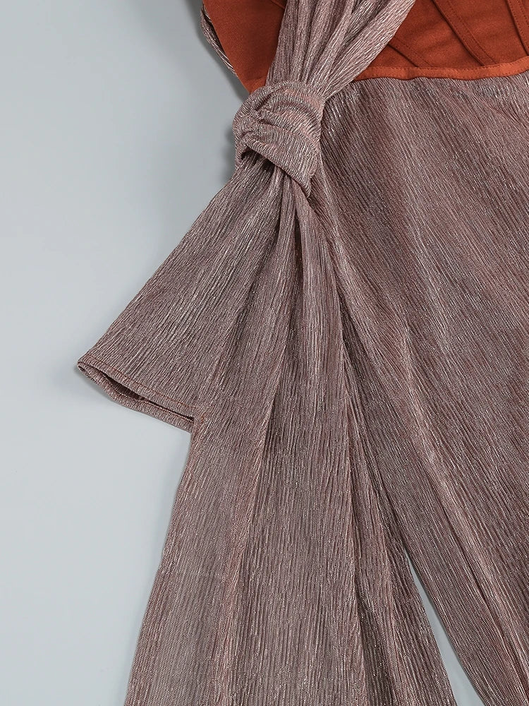 One Shoulder Draped Glitter Long Dress Brown Corset Sparkly Backless Bodycon Maxi Dresses Evening Gowns
