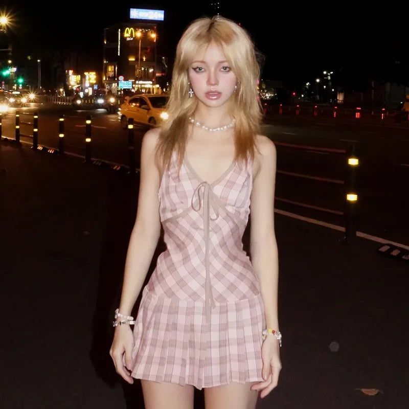 Plaid Halter Dress Lace-up V-Neck Sleeveless Mini Dress