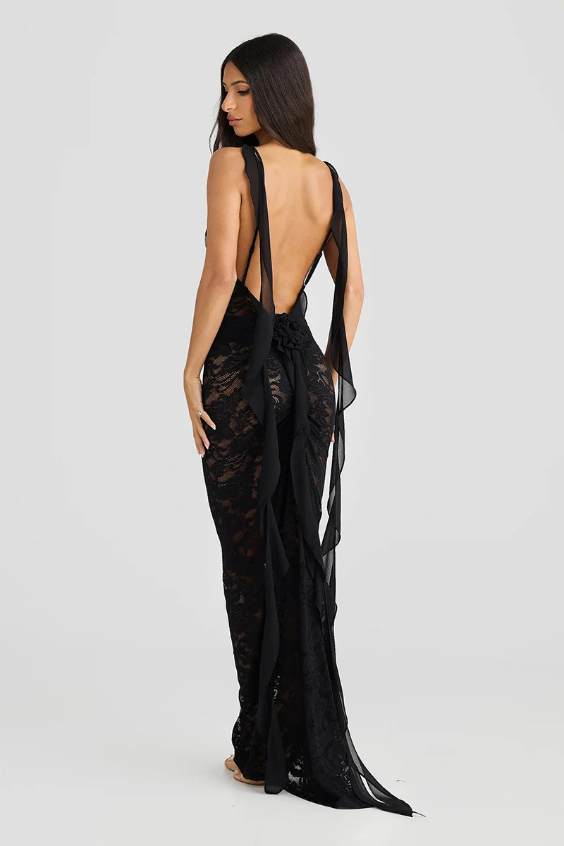 Lace See Through Camisole Maxi Dress For Ribbons Sleeveless Backless Slim Bodycon Long Dress Ladies Robes