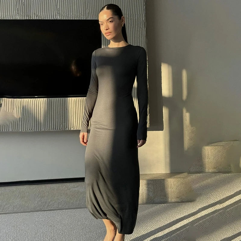 Round Neck Long-Sleev Package Hip Long Dress Wait Bottoming Long Skirt