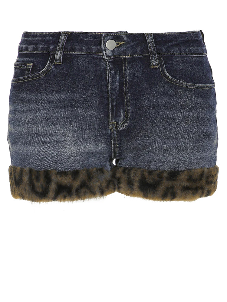 Low Waisted Button Up Mini Shorts Leopard Print Fur Patchwork Bottoms