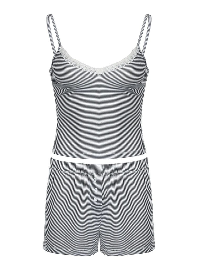 Strip Lace Patchwork Two Piece of Set Slim Camiole and Short