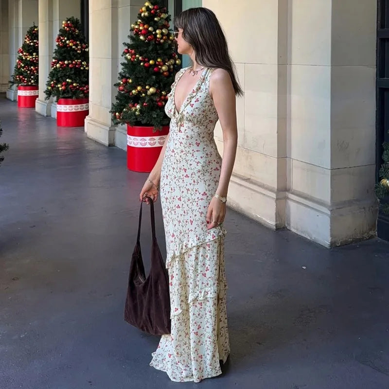 Apricot Floral V-Neck Maxi Dress