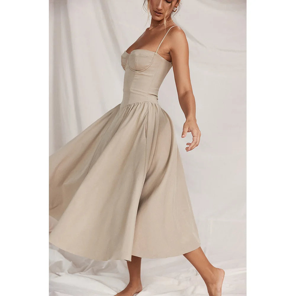 Dress for Pink Spaghetti Strap Midi Dress with Pocket Long Dress