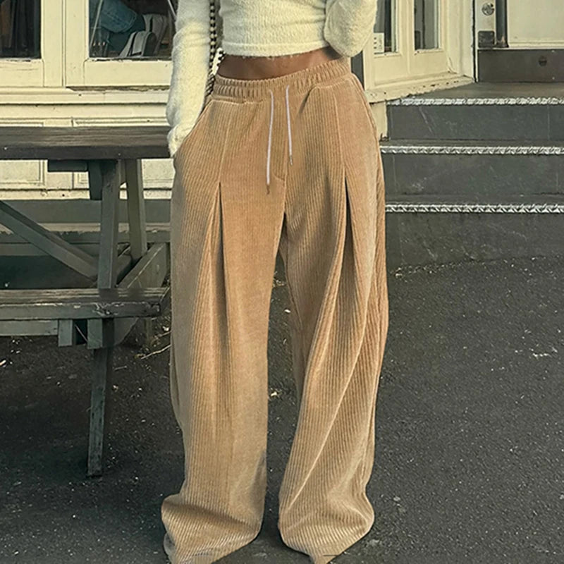 Baggy Corduroy Pants Drawstring Wide Leg Trousers Retro Bottoms