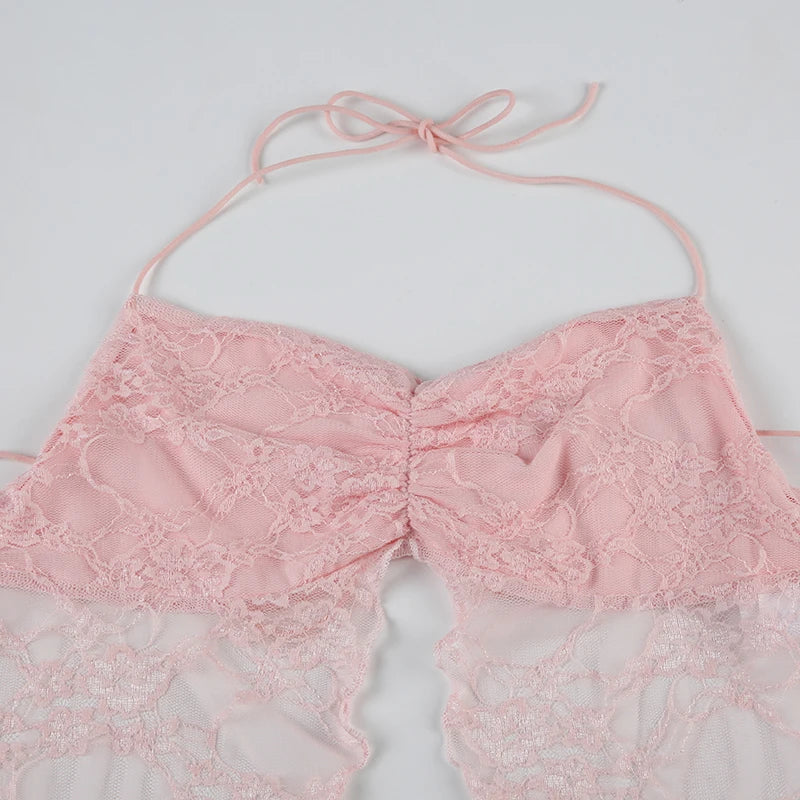 Lace Camisole Backless Lace-up Retro See-through Bustiers Fairycore Halter Neck Top