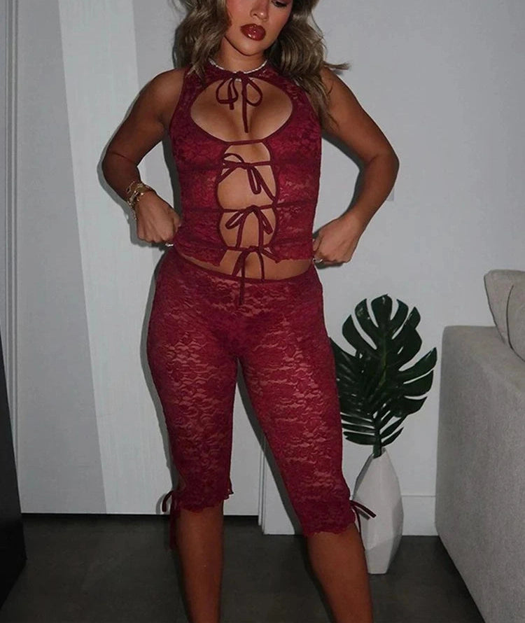 Two Piece Set Coquette Hollow Tank Top Shorts Matching Matching