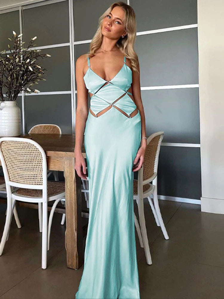 V Neck Hollow Out Backless Bodycon Maxi Dress