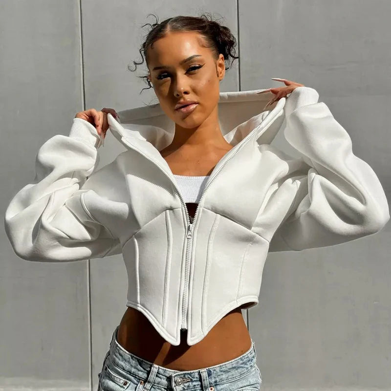 Long Sleeve Fleece Zipper Cardigan Hood Sweater Girdle Short Jacket