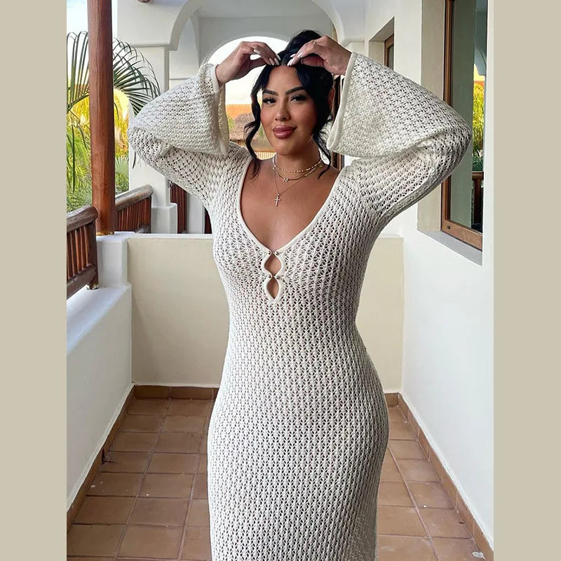 Knit See Through Backless Maxi Dress