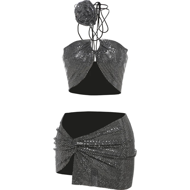 Sequins 2 Piece Set Halter 3D Flowers Camisole Knot Skirts Matching