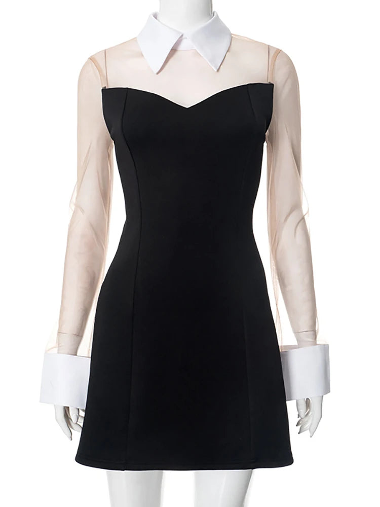 Patchwork Polo Collar Sheer Mesh Dress Black Long Sleeve Mini Dress
