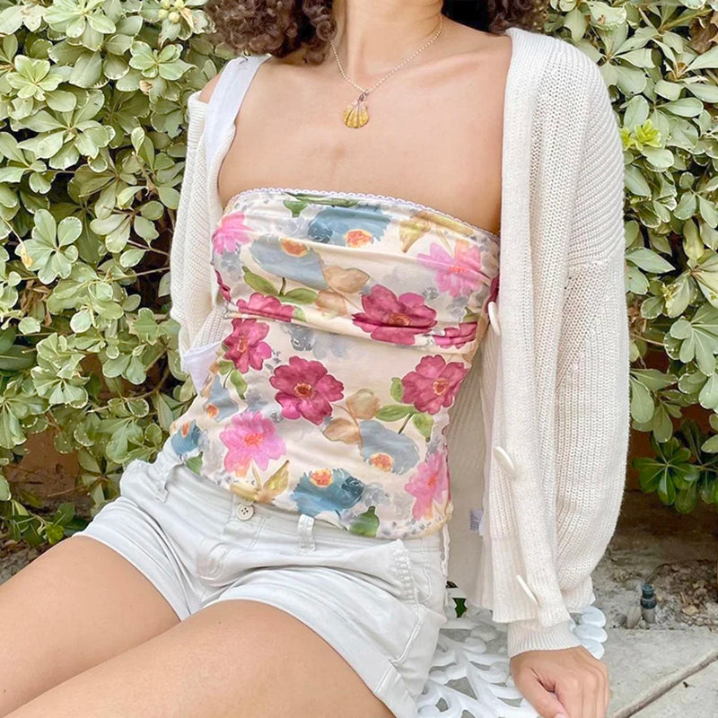 Floral Print Tube Top Backless 's Bustiers Slim Crop Camisole
