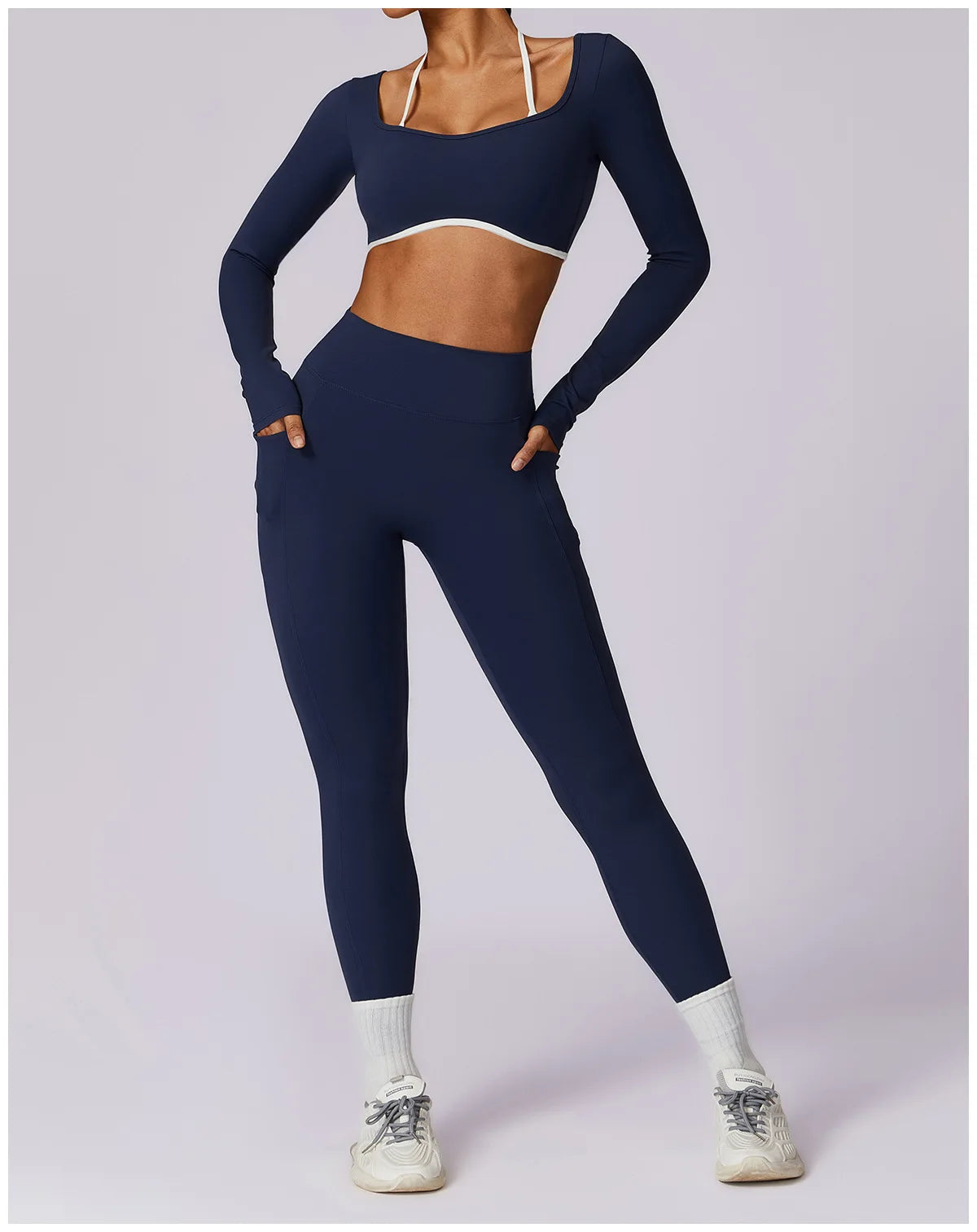 2 Pieces Tracksuit Yoga Set Workout Sports Gym Fitness Long Sleeve Crop Top High Waist Leggings Sports Suits