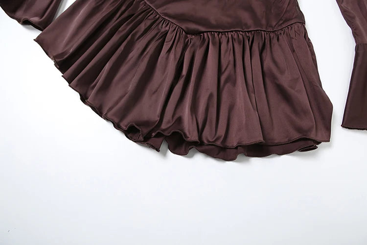 Sweet Dress v-Neck Flared Sleeves Ruffles Irregular Hem Frenulum Smooth Mini Bodycon