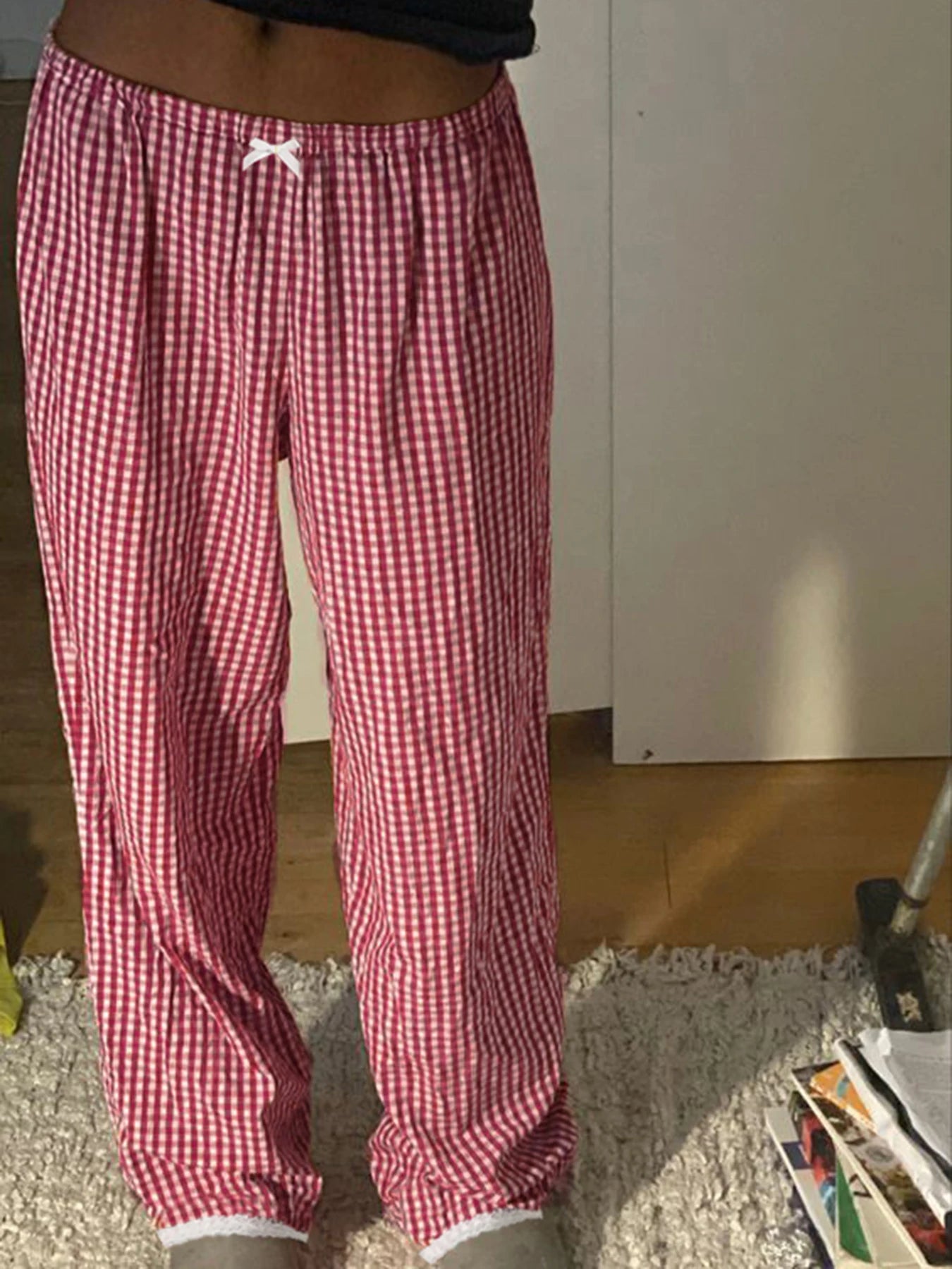 Plaid Straight Pant Lace Patchwork Bow Baggy Trouer Jogger Bottom
