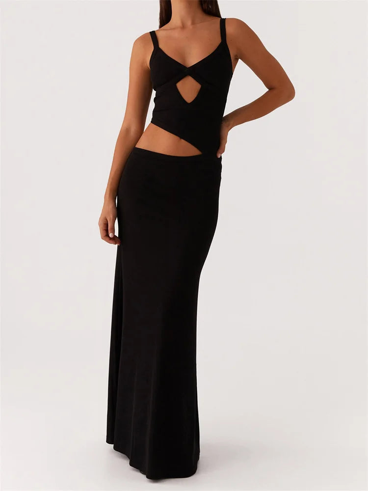 Dress Sleeveless Strap V-neck Backless Waist Front Hollow Out Dress Cocktail