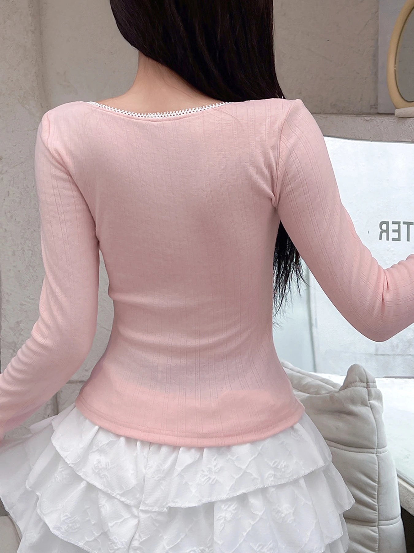 Square Collar Pink Tee Shirts Long Sleeves Kawaii Crop Top Preppy