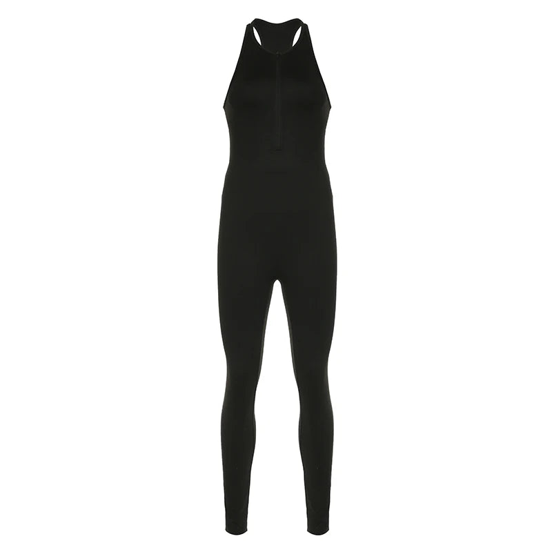 Backless Zipper Jumpsuits Sports Bodycon Rompers Slim Sleeveless